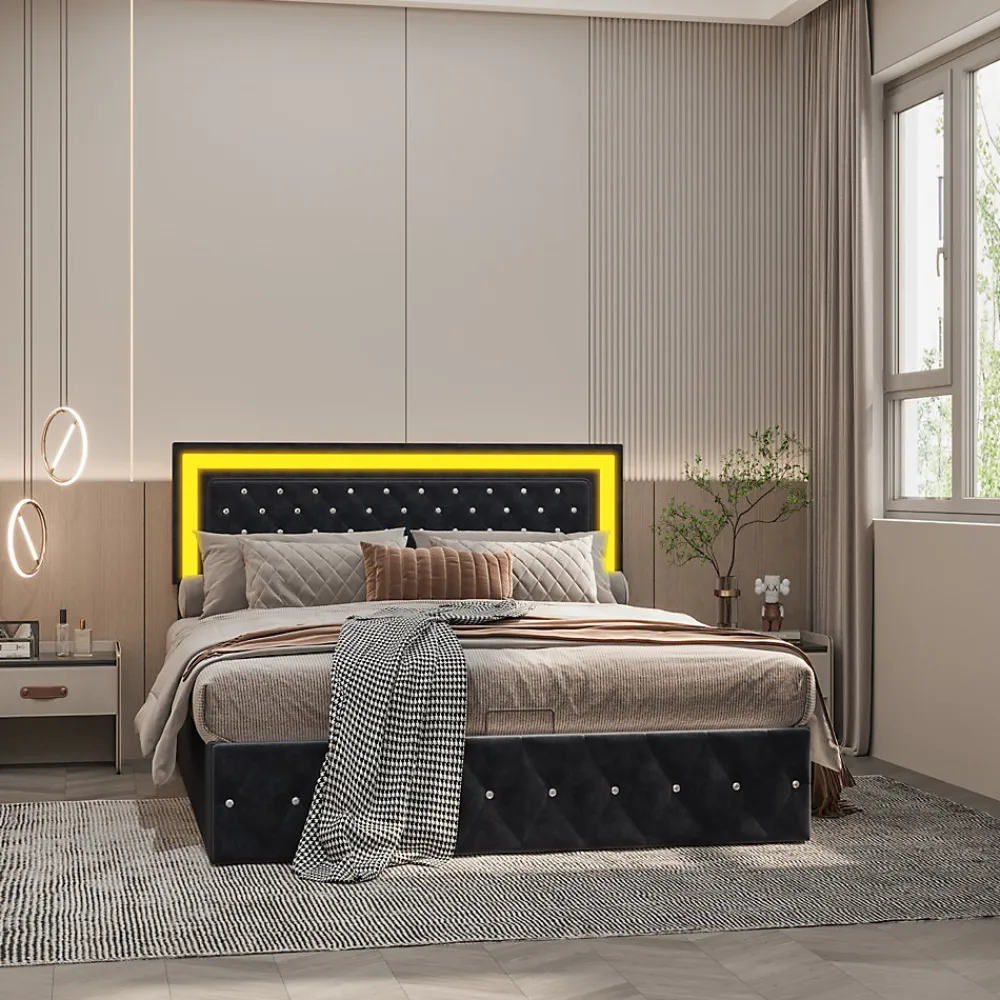 Simple Life Lit Coffre 160x200 Cm En Velours - Avec LED Et Sommier à Lattes - Lit Double De Rangement - Noir* Lit Coffre