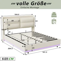 ProximaX Lit coffre 160x200 cm en velours, LED + USB/Type-C, sommier à lattes, rangement, lit double, Beige* Lit Coffre
