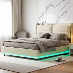 ProximaX Lit coffre 160x200 cm en velours, LED + USB/Type-C, sommier à lattes, rangement, lit double, Beige* Lit Coffre