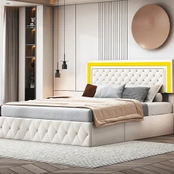 Lit coffre 140x200 cm en velours - avec LED et sommier à lattes - Lit double de rangement - avec tête de lit réglable - Beige>Simple Life Best