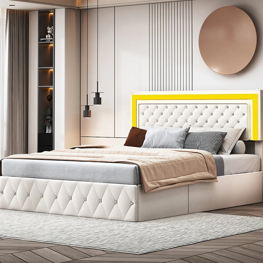 Lit coffre 140x200 cm en velours - avec LED et sommier à lattes - Lit double de rangement - avec tête de lit réglable - Beige>Simple Life Best