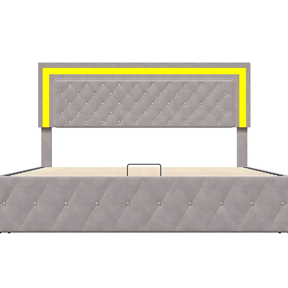 Lit coffre 140x200 cm en velours - avec LED et sommier à lattes - Lit double de rangement - avec tête de lit réglable - Beige>Simple Life Best