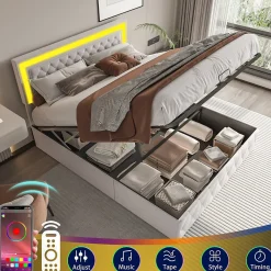Lit coffre 140x200 cm en velours - avec LED et sommier à lattes - Lit double de rangement - avec tête de lit réglable - Beige><noscript><img width=