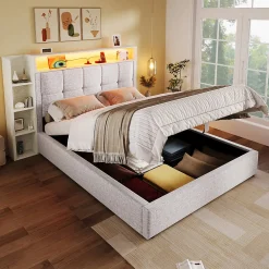 Lit coffre 90x200 cm enfant/ado - Lit Coffre Capitonné avec Rangement, LED et USB Type-C - Tissu Lin, Beige>Okwish Sale