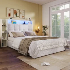 Lit coffre 90x200 cm enfant/ado - Lit Coffre Capitonné avec Rangement, LED et USB Type-C - Tissu Lin, Beige>Okwish Sale