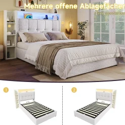 Lit coffre 90x200 cm enfant/ado - Lit Coffre Capitonné avec Rangement, LED et USB Type-C - Tissu Lin, Beige><noscript><img width=