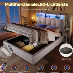 Lit coffre 90x200 cm enfant/ado - Lit Coffre Capitonné avec Rangement, LED et USB Type-C - Tissu Lin, Beige><noscript><img width=