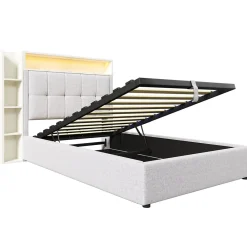 Lit coffre 90x200 cm enfant/ado - Lit Coffre Capitonné avec Rangement, LED et USB Type-C - Tissu Lin, Beige><noscript><img width=