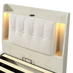 Okwish Lit coffre 90x200 cm enfant/ado - Coffre Capitonné avec Rangement, LED et Prise USB Type-C - Tissu Lin, Beige* Lit Coffre