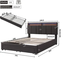 ProximaX Lit coffre 140x190 cm gris avec LED, rangement hydraulique, tiroirs et compartiments, tête rembourrée escamotable, cadre acier* Lit Coffre