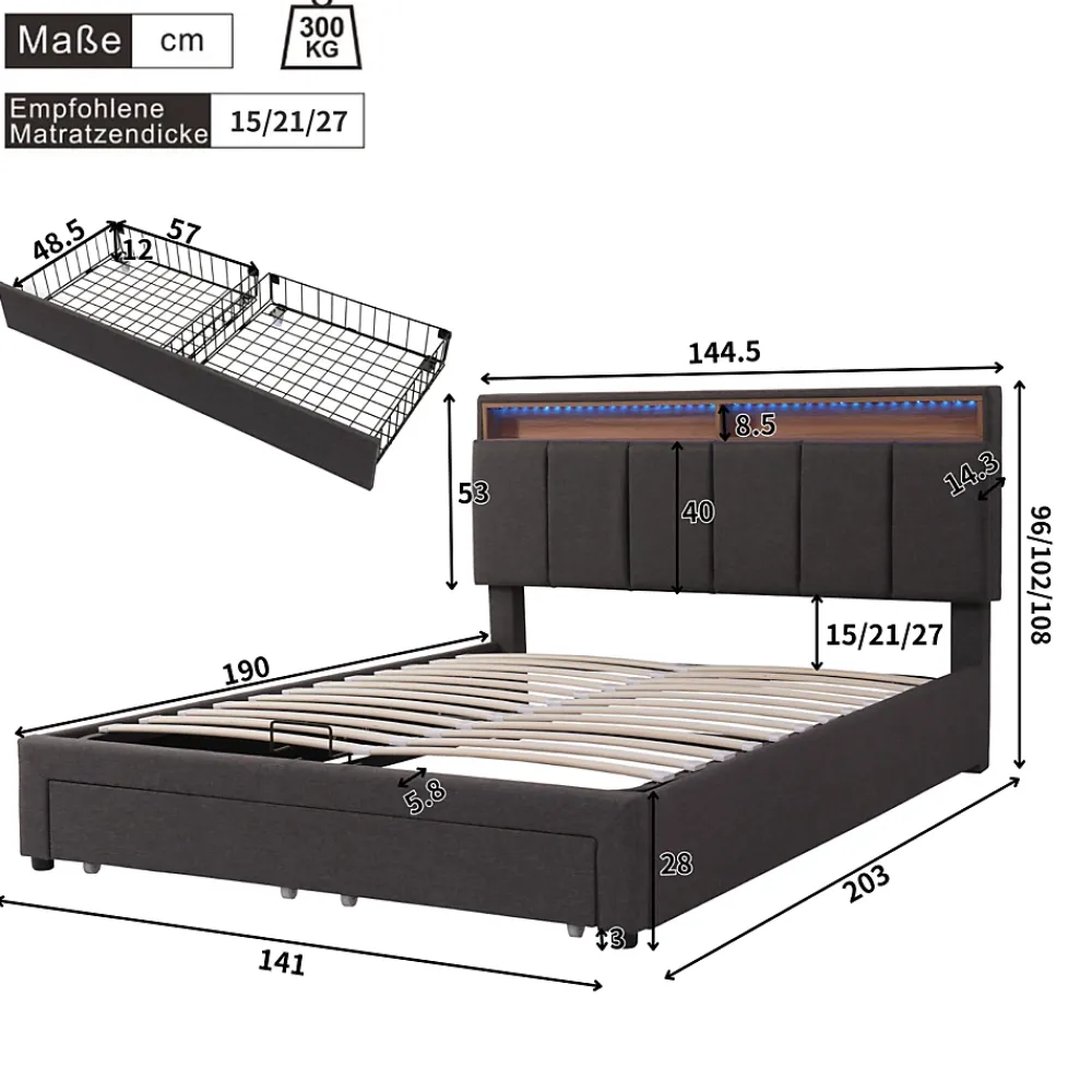 ProximaX Lit coffre 140x190 cm gris avec LED, rangement hydraulique, tiroirs et compartiments, tête rembourrée escamotable, cadre acier* Lit Coffre