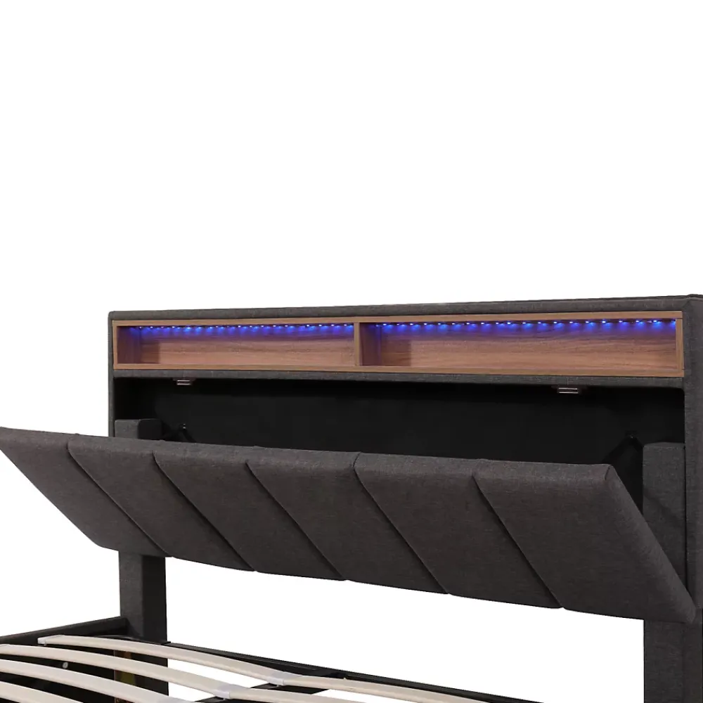 ProximaX Lit coffre 140x190 cm gris avec LED, rangement hydraulique, tiroirs et compartiments, tête rembourrée escamotable, cadre acier* Lit Coffre