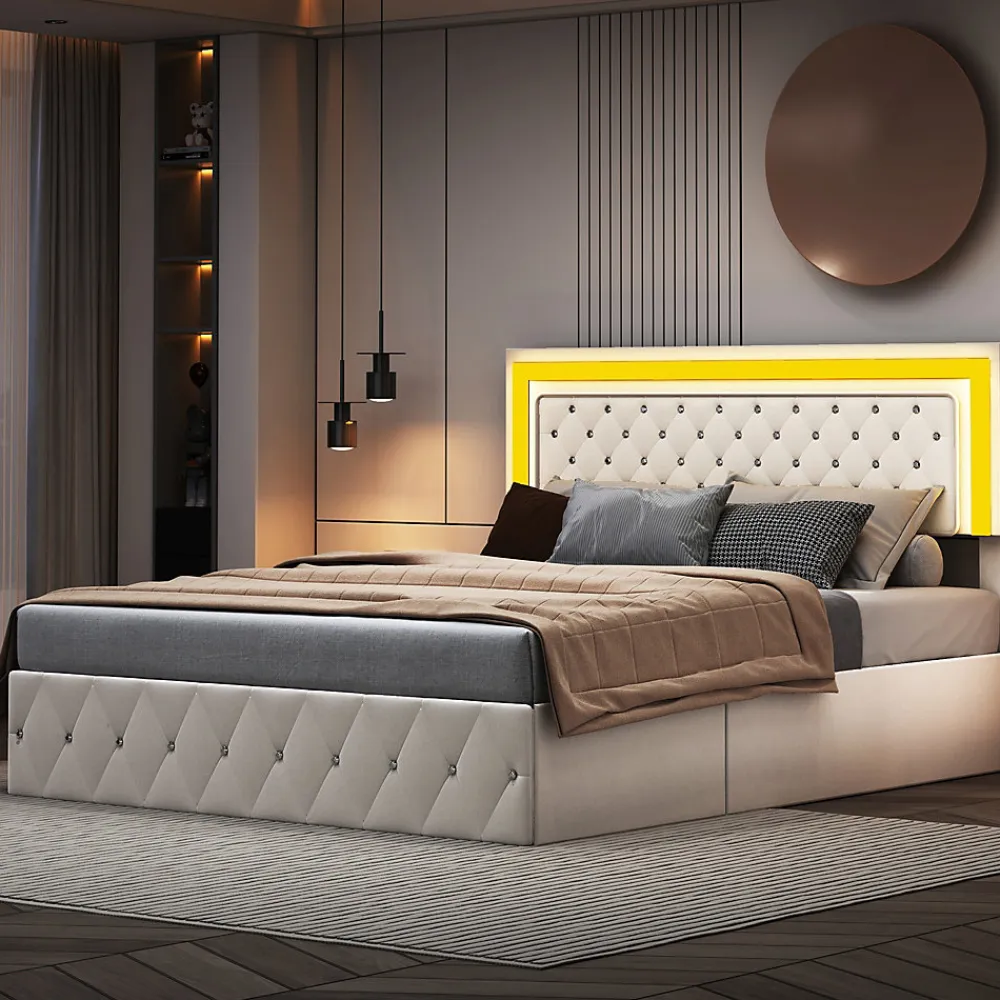 Lit coffre 140x200 cm, LED, sommier à lattes, tête de lit réglable, rangement, beige.>Simple Life Discount