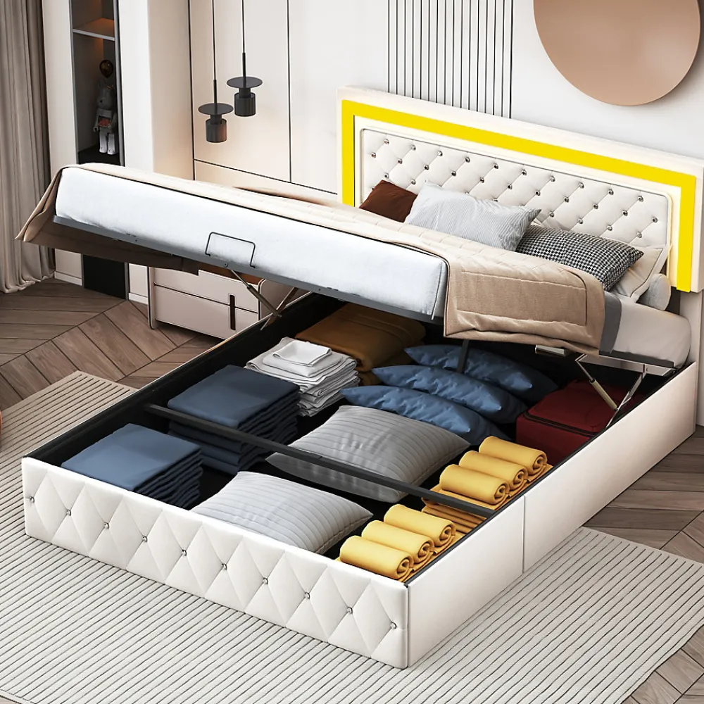 Lit coffre 140x200 cm, LED, sommier à lattes, tête de lit réglable, rangement, beige.>Simple Life Discount