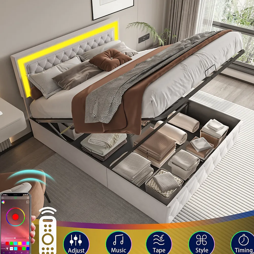 Lit coffre 140x200 cm, LED, sommier à lattes, tête de lit réglable, rangement, beige.>Simple Life Discount