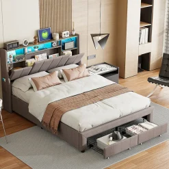 Lit Coffre 160x200 cm Lin Gris, LED, Charge USB, Rembourré, Rangement, Tête de lit, Sommier à Lattes, 2 Personnes>Simple Life Best