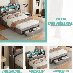 Lit Coffre 160x200 cm Lin Gris, LED, Charge USB, Rembourré, Rangement, Tête de lit, Sommier à Lattes, 2 Personnes><noscript><img width=