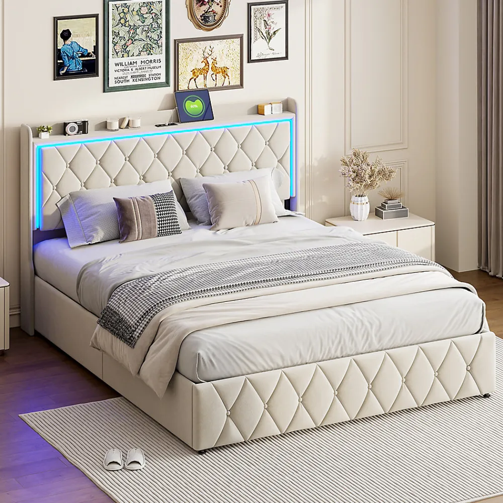 Lit Coffre 140x200 Cm, Lit Capitonné Avec Rangement Et USB De Type C, LED, Velours, Beige>Simple Life Hot