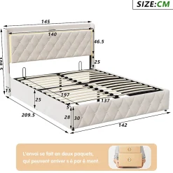 Lit Coffre 140x200 Cm, Lit Capitonné Avec Rangement Et USB De Type C, LED, Velours, Beige><noscript><img width=