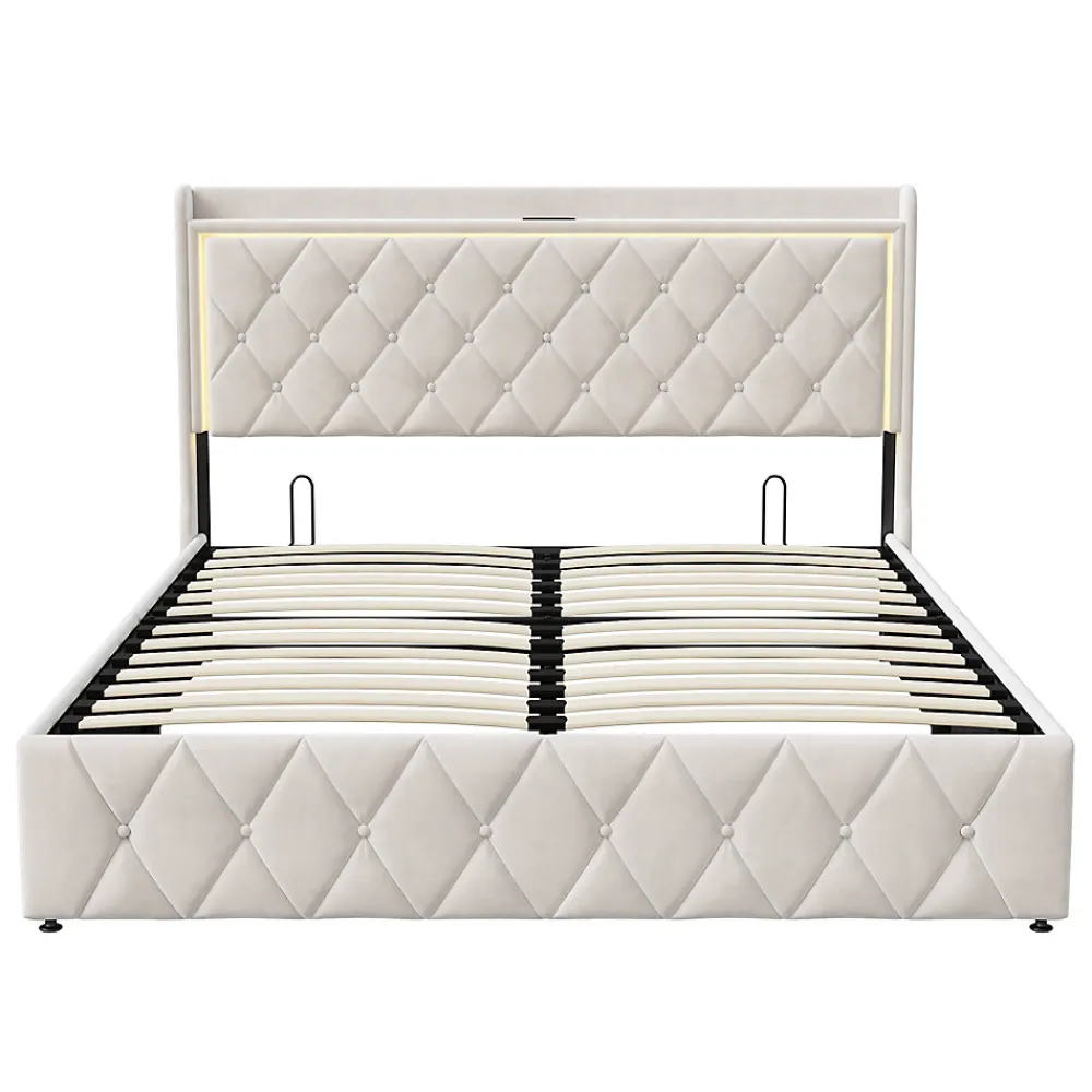 Lit Coffre 140x200 Cm, Lit Capitonné Avec Rangement Et USB De Type C, LED, Velours, Beige>Simple Life Hot