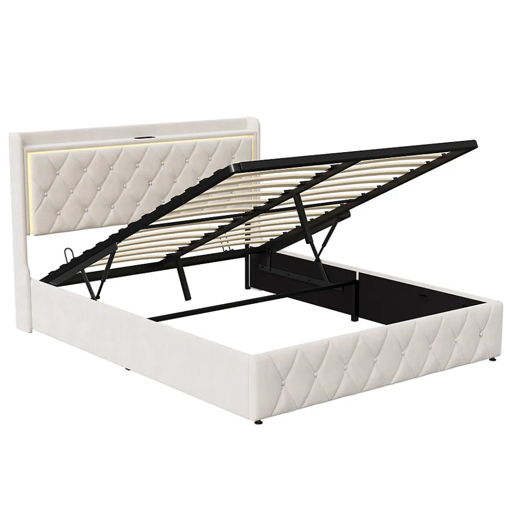Lit Coffre 140x200 Cm, Lit Capitonné Avec Rangement Et USB De Type C, LED, Velours, Beige>Simple Life Hot