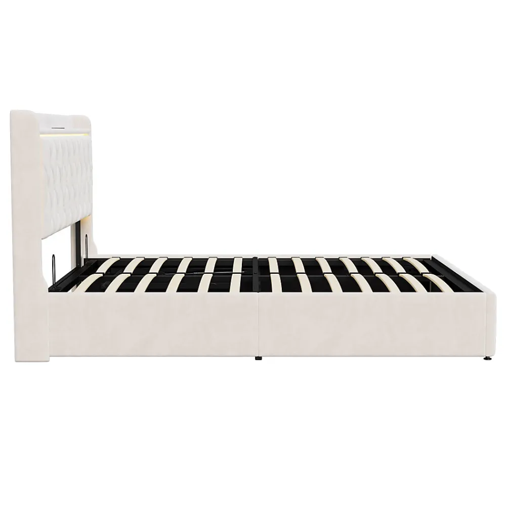Lit Coffre 140x200 Cm, Lit Capitonné Avec Rangement Et USB De Type C, LED, Velours, Beige>Simple Life Hot