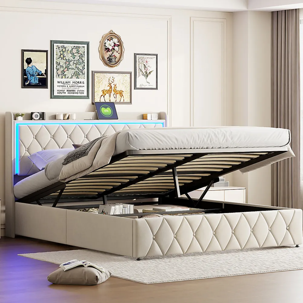 Lit Coffre 160x200 Cm, Lit Capitonné Avec Rangement Et USB De Type C, LED, Velours, Beige>Simple Life