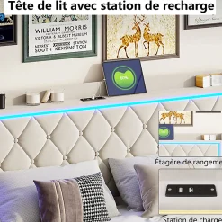 Lit Coffre 160x200 Cm, Lit Capitonné Avec Rangement Et USB De Type C, LED, Velours, Beige><noscript><img width=