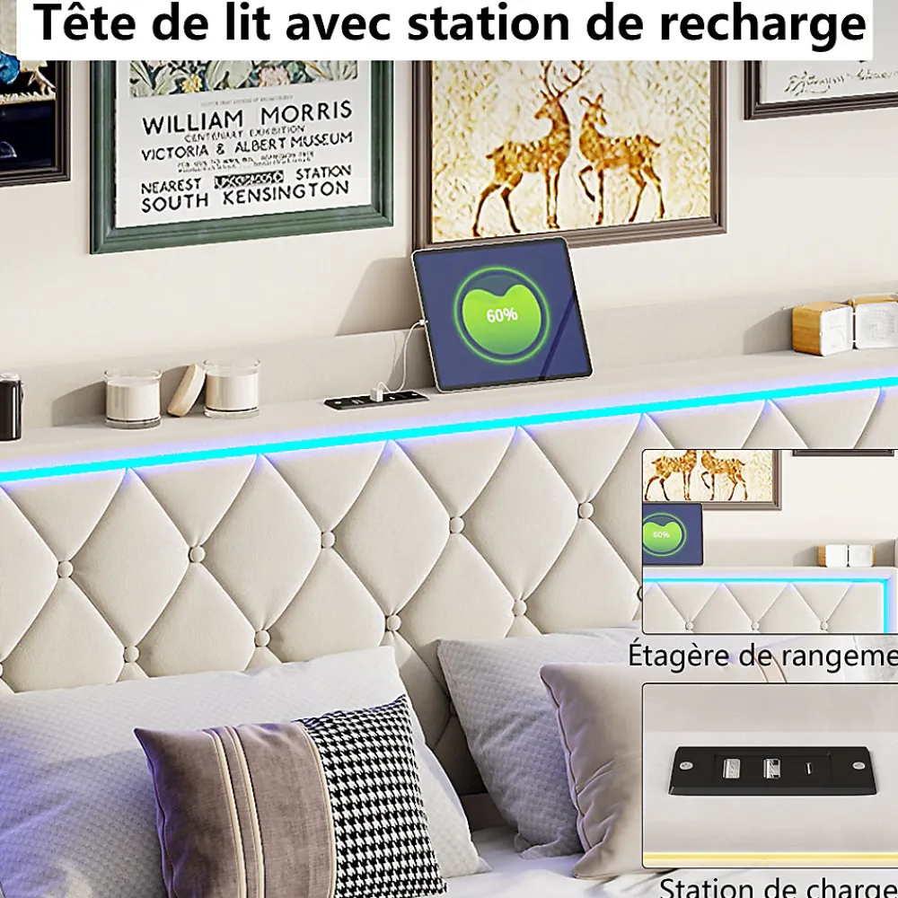 Lit Coffre 160x200 Cm, Lit Capitonné Avec Rangement Et USB De Type C, LED, Velours, Beige>Simple Life