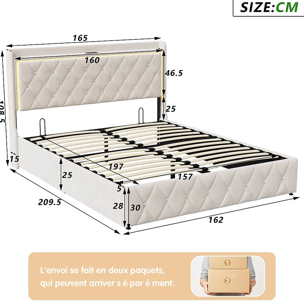 Lit Coffre 160x200 Cm, Lit Capitonné Avec Rangement Et USB De Type C, LED, Velours, Beige>Simple Life