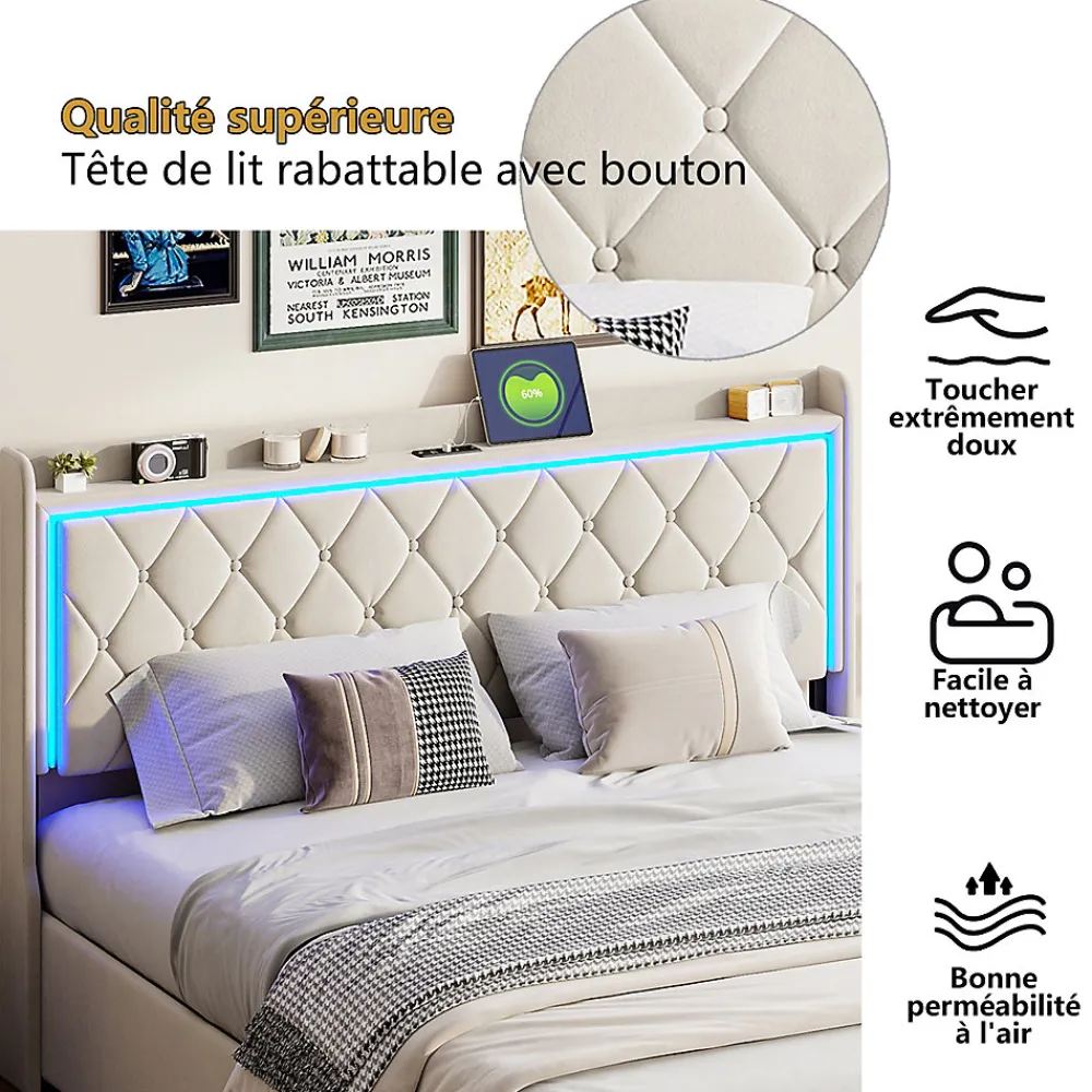 Lit Coffre 160x200 Cm, Lit Capitonné Avec Rangement Et USB De Type C, LED, Velours, Beige>Simple Life