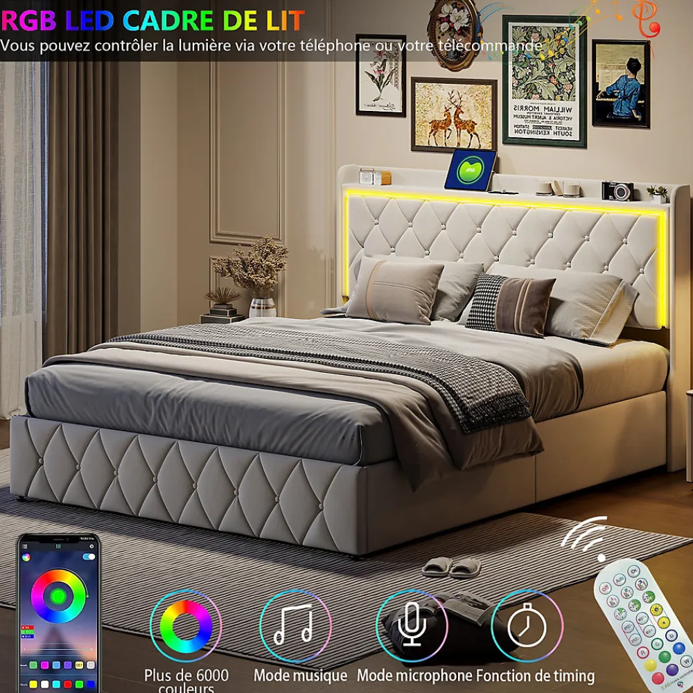 Lit Coffre 160x200 Cm, Lit Capitonné Avec Rangement Et USB De Type C, LED, Velours, Beige>Simple Life