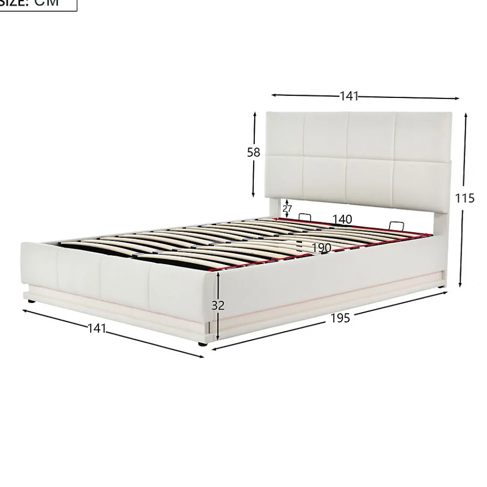 Lit coffre 140x190 cm, Lit doub LED capitonné relevable hydraulique avec sommier à lattes, Blanc>Simple Life Outlet
