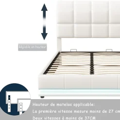 Lit coffre 140x190 cm, Lit doub LED capitonné relevable hydraulique avec sommier à lattes, Blanc><noscript><img width=