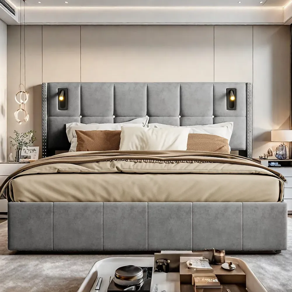ProximaX Lit coffre 160x200 cm, Lit double avec rangement et sommier à lattes, tissu en velours, lumière de lecture, Gris* Lit Coffre