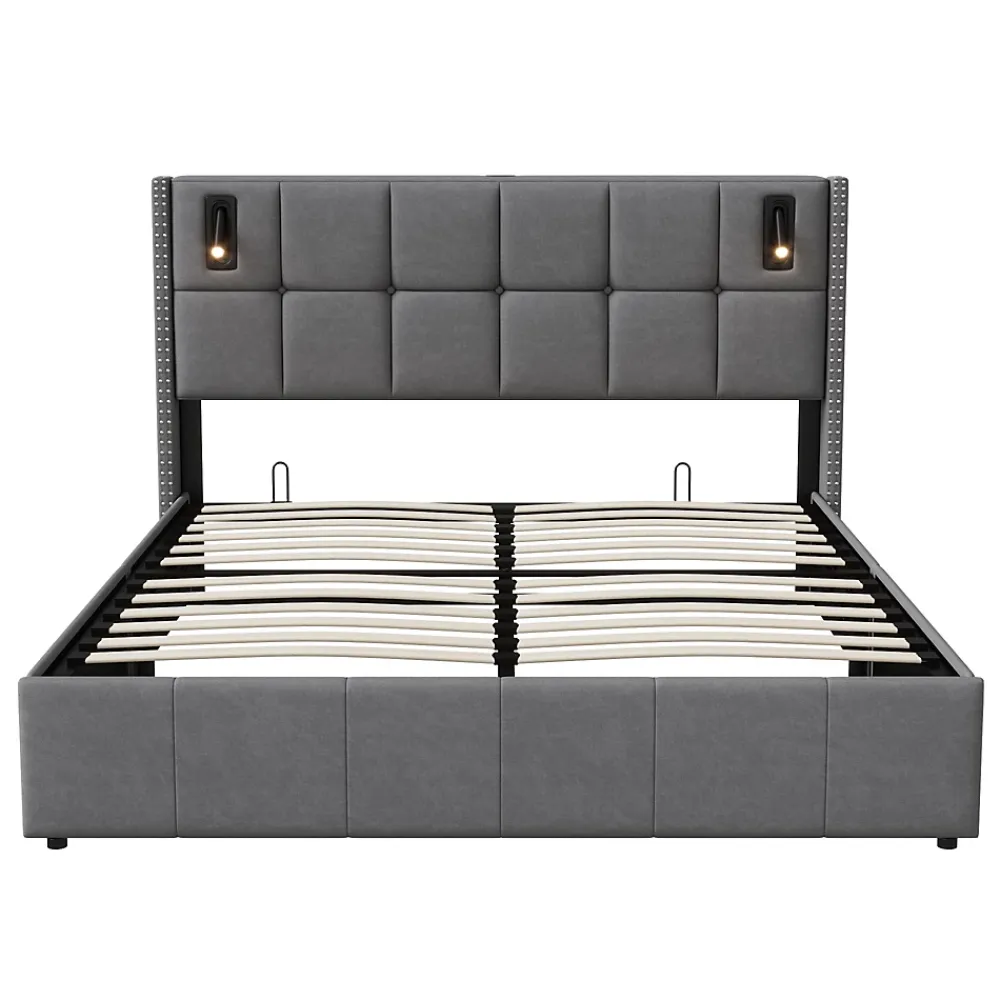 ProximaX Lit coffre 160x200 cm, Lit double avec rangement et sommier à lattes, tissu en velours, lumière de lecture, Gris* Lit Coffre