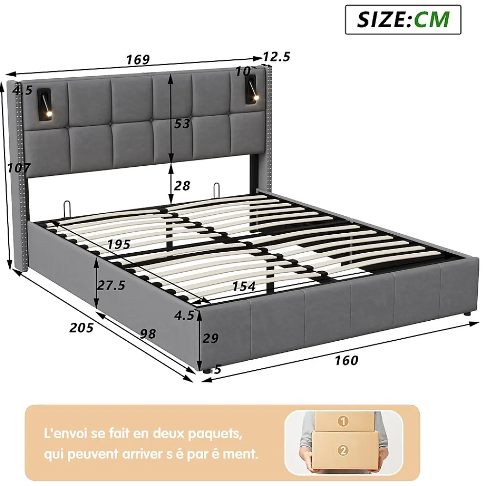 ProximaX Lit coffre 160x200 cm, Lit double avec rangement et sommier à lattes, tissu en velours, lumière de lecture, Gris* Lit Coffre