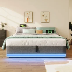 Lit Coffre 140x200 cm, Lit Double Ado avec LED et Ports USB Type-C, Structure MDF et Revêtement Lin, Sans Matelas - Beige><noscript><img width=