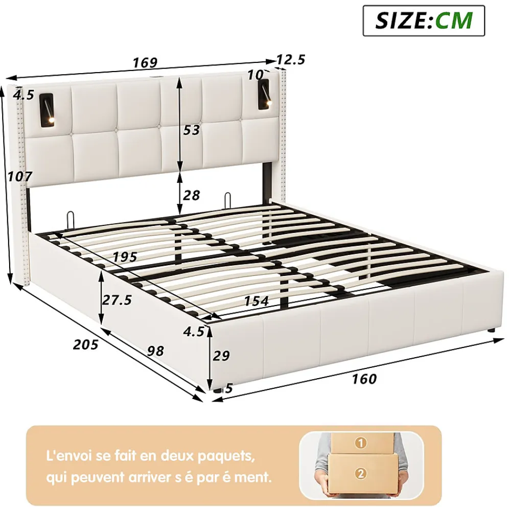 Lit coffre 160x200 cm, Lit double avec rangement et sommier à lattes, tissu en velours, lumière de lecture, Beige>ProximaX Online