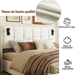 Lit coffre 160x200 cm, Lit double avec rangement et sommier à lattes, tissu en velours, lumière de lecture, Beige><noscript><img width=