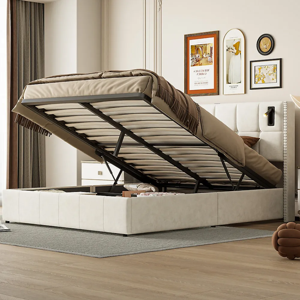 Lit coffre 160x200 cm, Lit double avec rangement et sommier à lattes, tissu en velours, lumière de lecture, Beige>ProximaX Online