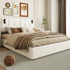 Lit coffre 160x200 cm, Lit double avec rangement et sommier à lattes, tissu en velours, lumière de lecture, Beige><noscript><img width=