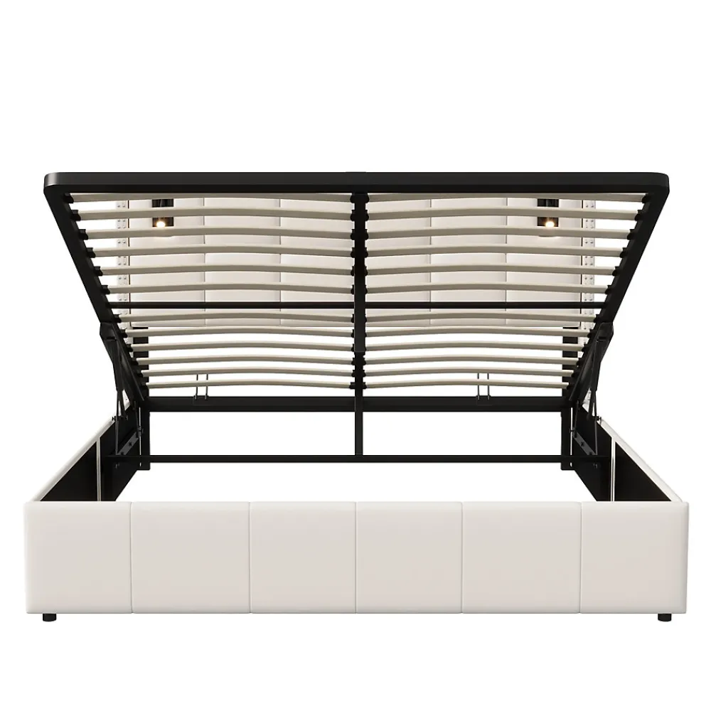 Lit coffre 160x200 cm, Lit double avec rangement et sommier à lattes, tissu en velours, lumière de lecture, Beige>ProximaX Online