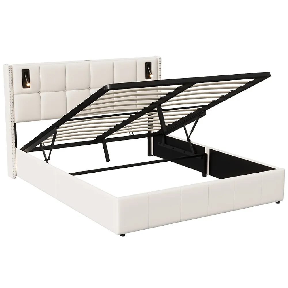 Lit coffre 160x200 cm, Lit double avec rangement et sommier à lattes, tissu en velours, lumière de lecture, Beige>ProximaX Online