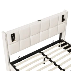 Lit coffre 160x200 cm, Lit double avec rangement et sommier à lattes, tissu en velours, lumière de lecture, Beige><noscript><img width=