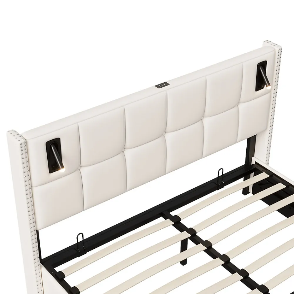 Lit coffre 160x200 cm, Lit double avec rangement et sommier à lattes, tissu en velours, lumière de lecture, Beige>ProximaX Online