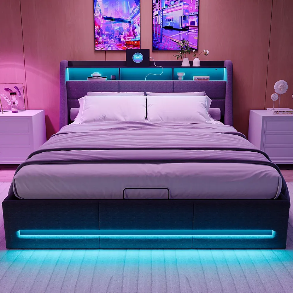 ProximaX Lit coffre 140x190 cm, Lit rembourré avec rangement hydraulique, LED et USB, tête de lit avec prise, Gris* Lit Coffre