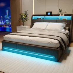 ProximaX Lit coffre 140x190 cm, Lit rembourré avec rangement hydraulique, LED et USB, tête de lit avec prise, Gris* Lit Coffre
