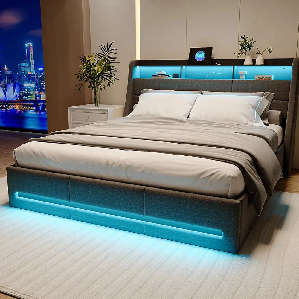 ProximaX Lit coffre 140x190 cm, Lit rembourré avec rangement hydraulique, LED et USB, tête de lit avec prise, Gris* Lit Coffre