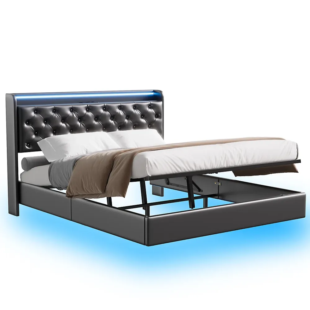 Simple Life Lit Coffre 160x200 cm PU Noir, LED, Charge USB, Rembourré, Rangement, Sommier à Lattes, Cadre, 2 Personnes* Lit Coffre